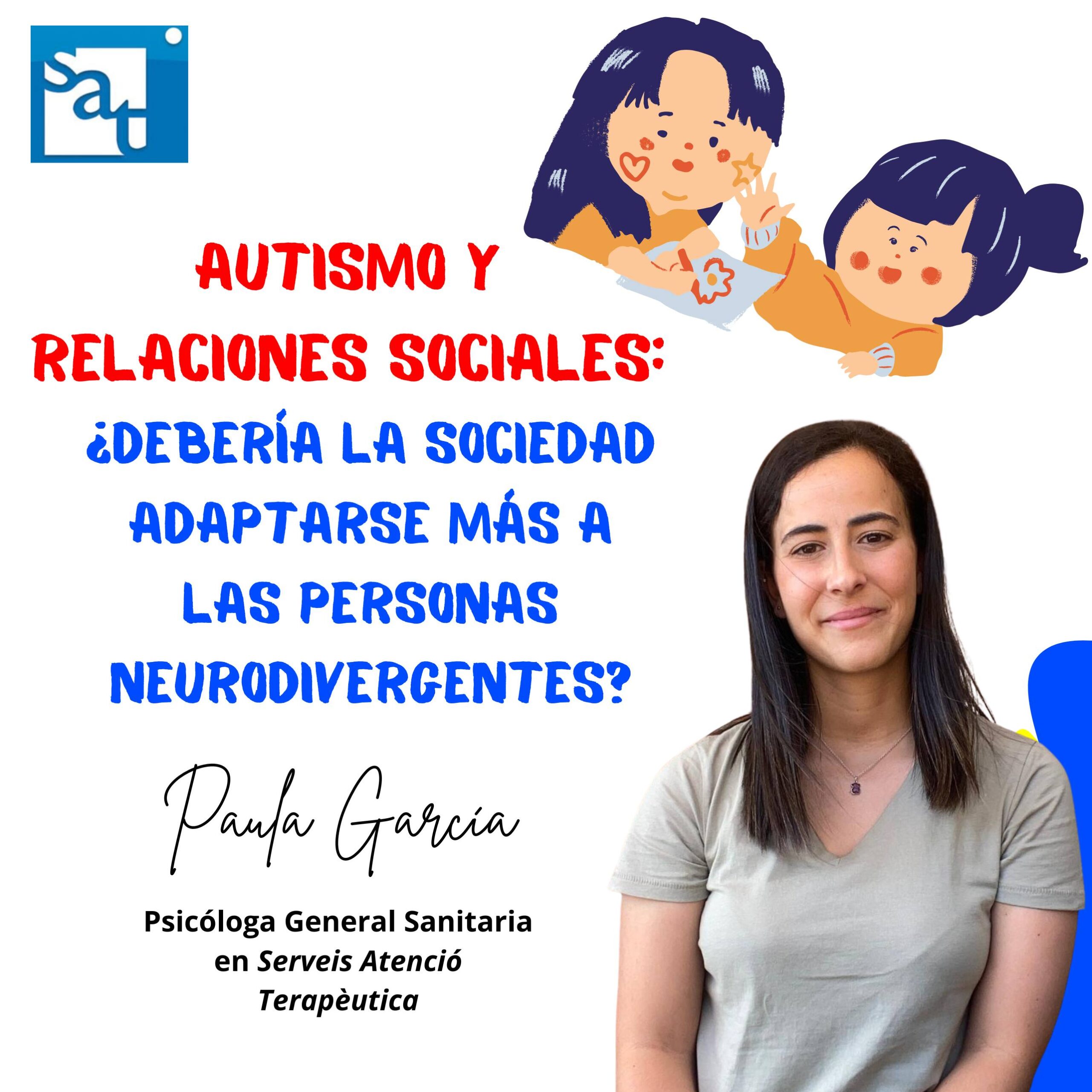 Grupo diverso de personas en un entorno inclusivo interactuando respetuosamente, destacando la importancia de adaptar la sociedad para incluir a personas con autismo en Viladecans. El título del blog 'Autismo y relaciones sociales: ¿Debería la sociedad adaptarse más a las personas neurodivergentes?' aparece sobre la imagen.