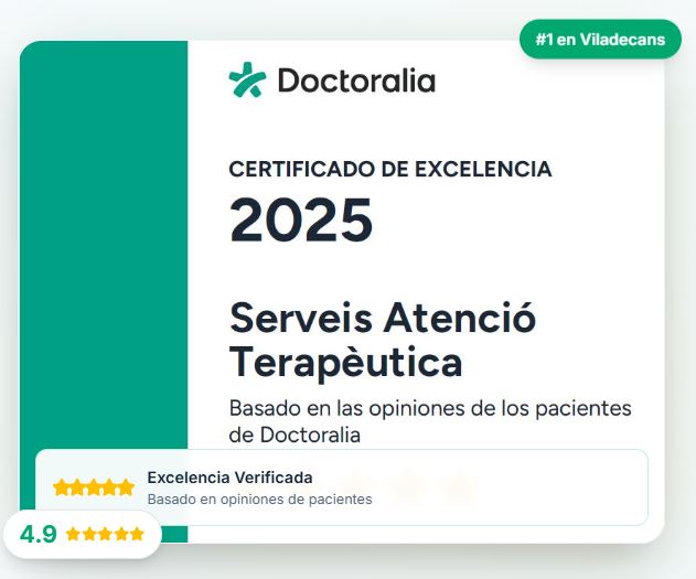 Certificado de excelencia Doctoralia del mejor psicólogo en Viladecans, Serveis Atenció Terapètica, con más de 350 opiniones positivas.
